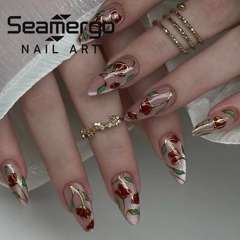 

24PCS Gilded Rose Luxury Press on Nails Spring Summer Simple Cat Eye Almond Fake Nails for Women High Quality Fashion Nail Tips