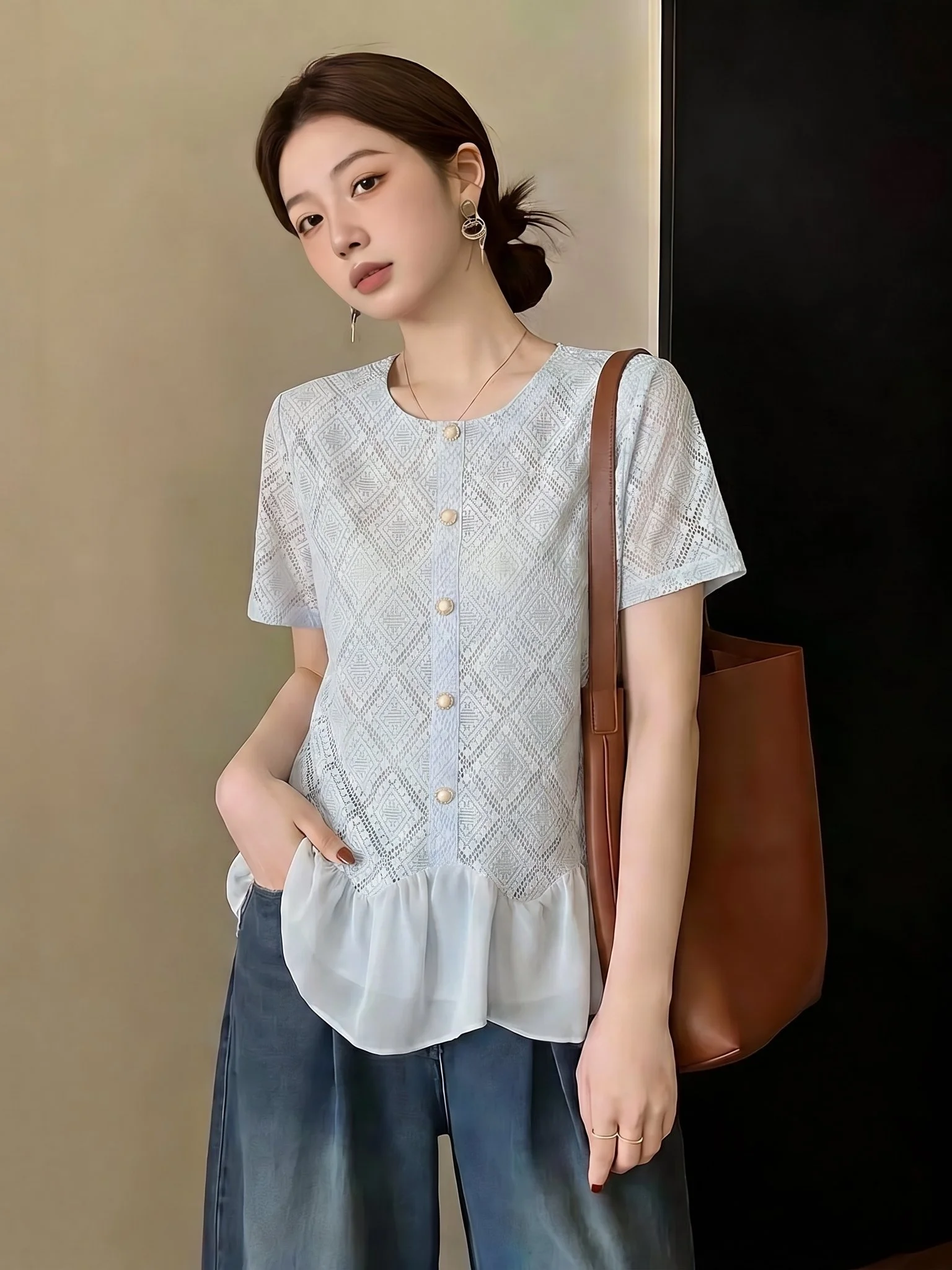

Light Blue Lace Hollow out Shoulder Women's Shirt Korean Style Loose Fit Short Sleeve round Neck Commute Fashion Summer New