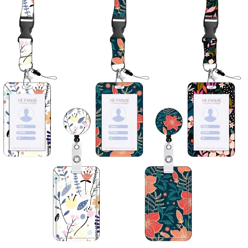 New Floral Retractable Badge Reel with Polyester Lanyard, Fashion Pattern ID Card Holder for Teacher Nurse Gift Accessories