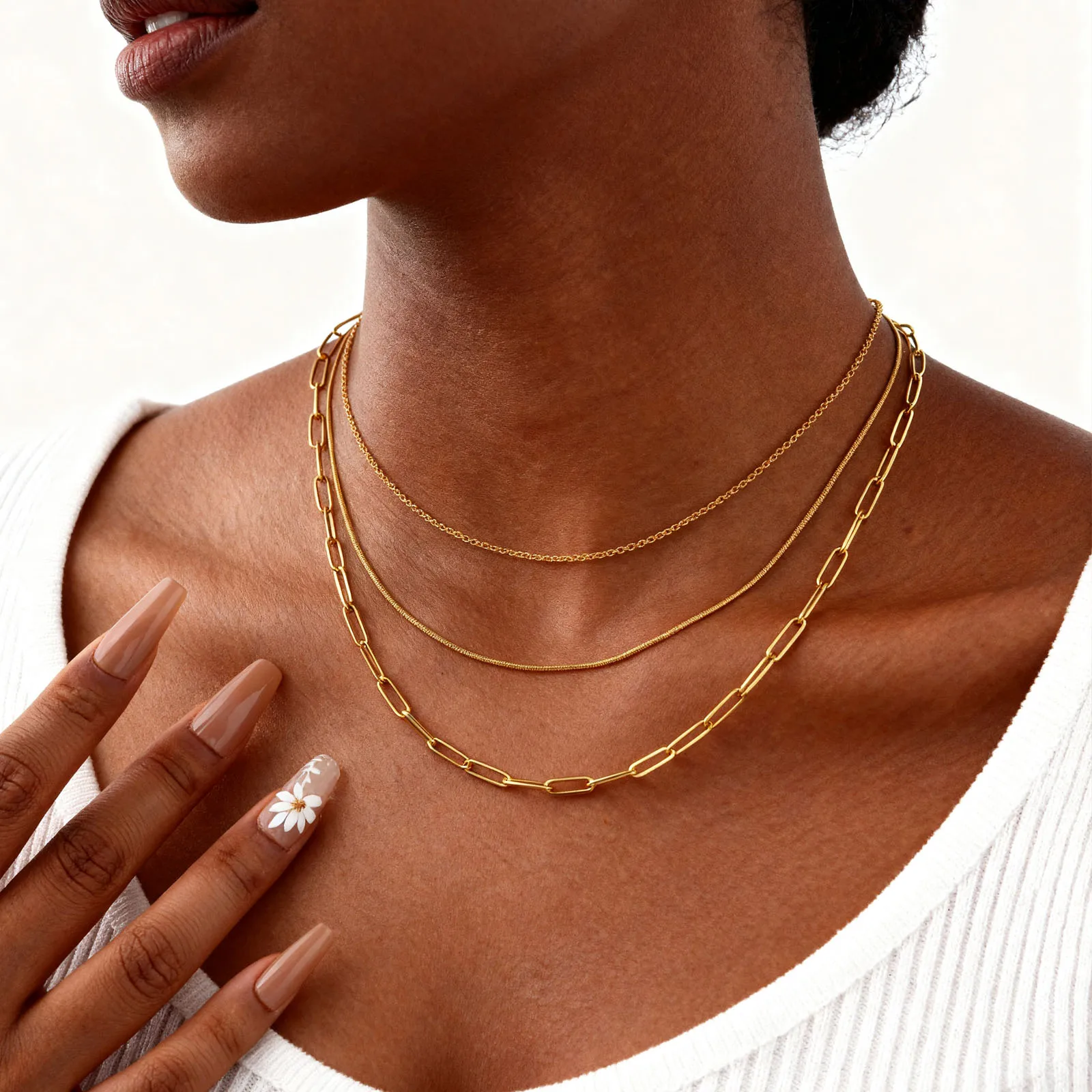 

Stainless Steel Triple Layer Necklaces, Gold Plated Women Stackable Necklace Set Jewelry