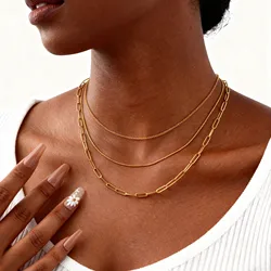 Stainless Steel Triple Layer Necklaces, Gold Plated Women Stackable Necklace Set Jewelry