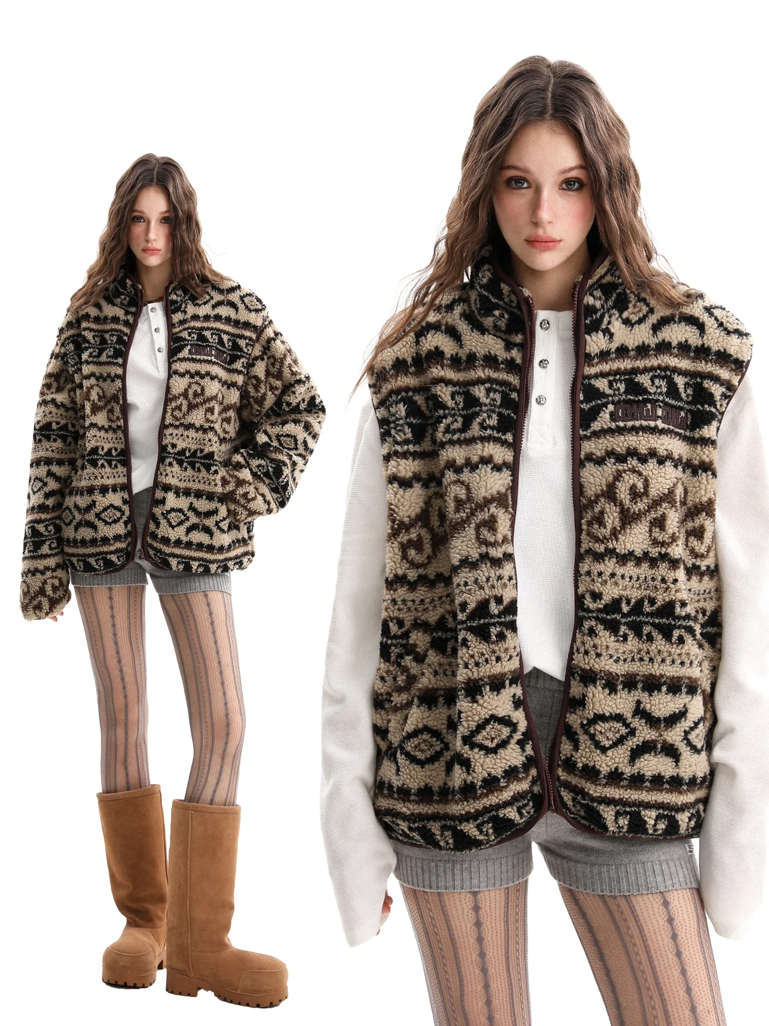 

American Sle Fair Isle Lamb Velvet Cotton Jaet Women's Winter Removable Sve Vest Jaet Trendy Loose Knitted Long S...