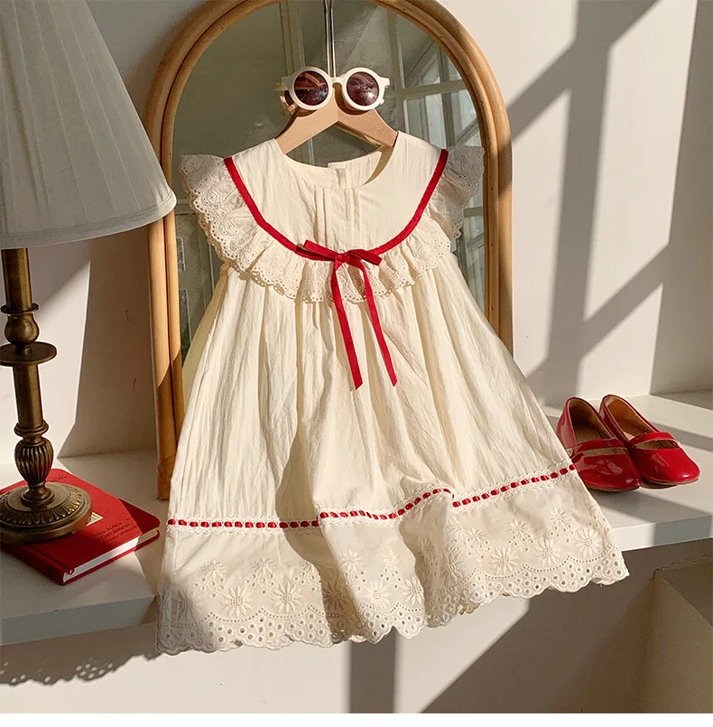Dress Korean Lace 2025 Summer Round Neck Lace Cute and Sweet Buttful-knot Princess Dress Kids Clothes Girls