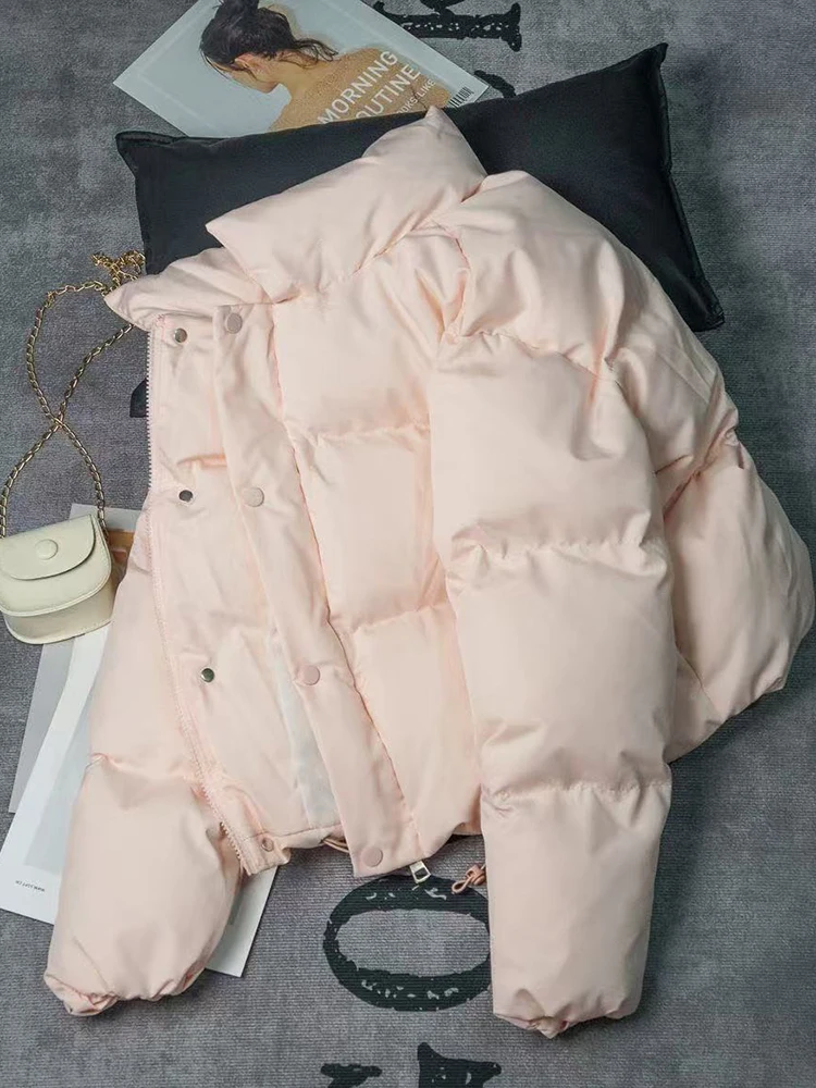 

Sweet Pink Warm Parkas Women Cute Long Sleeve Casual Winter Thick Cotton Coat Korean Fashion Preppy Style Stand Collar Jacket