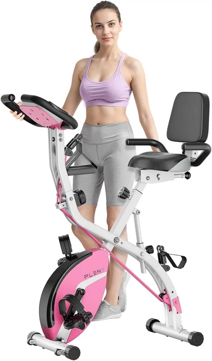 Folding Exercise Bike, Indoor Stationary Bike 16-Level Magnetic Resistance with Arm Resistance Band, Back Support Cushion