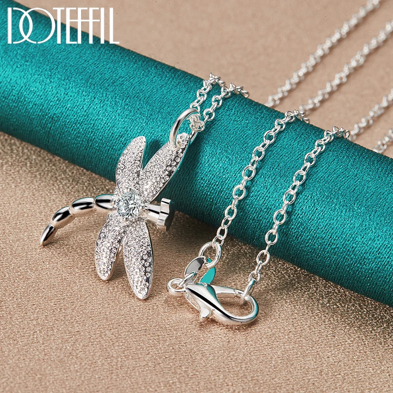 DOTEFFIL 4pcs 925 Sterling Silver Dragonfly inlay AAA Zircon Necklace Bracelet Earring Ring Set For Woman Wedding Party Jewelry