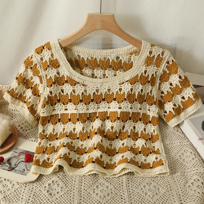 Boring Honey Square Collar Short Sleeves Fashion Women Blouses  Retro Knitted Women's T-Shirt Hollow Out Chic Short Tops Women