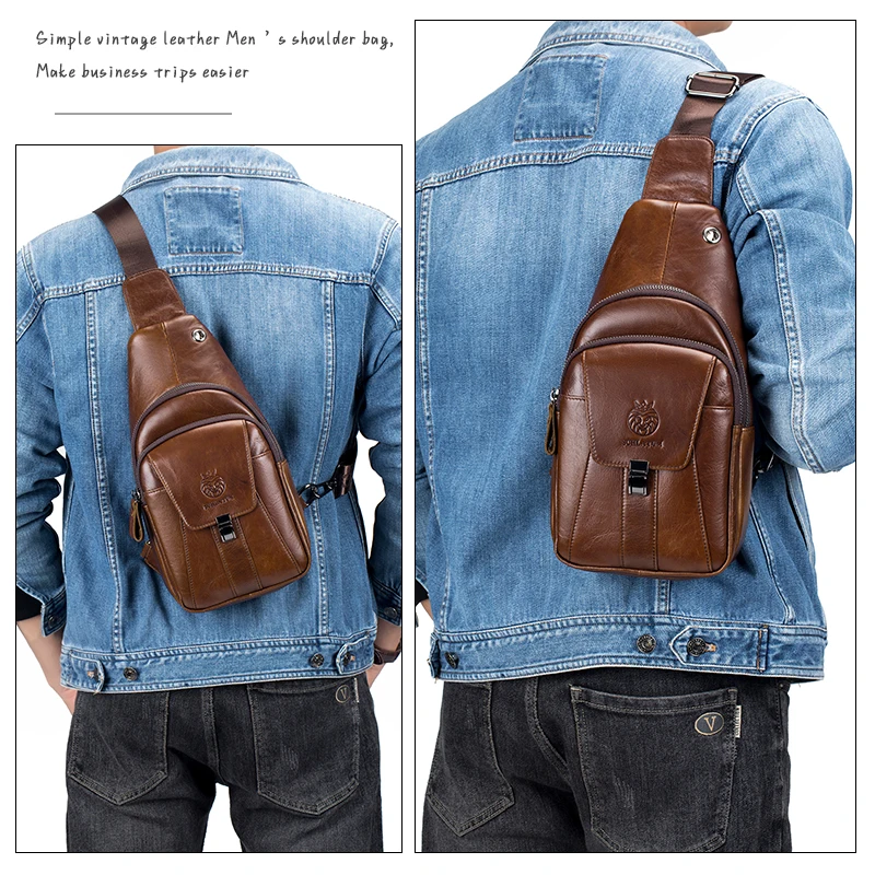 SCHLATUM 100% Cowhide Leather Casual Fashion Crossbody Chest Bag Men's Genuine Leather Shoulder Multifunctional Mobile Phone Bag