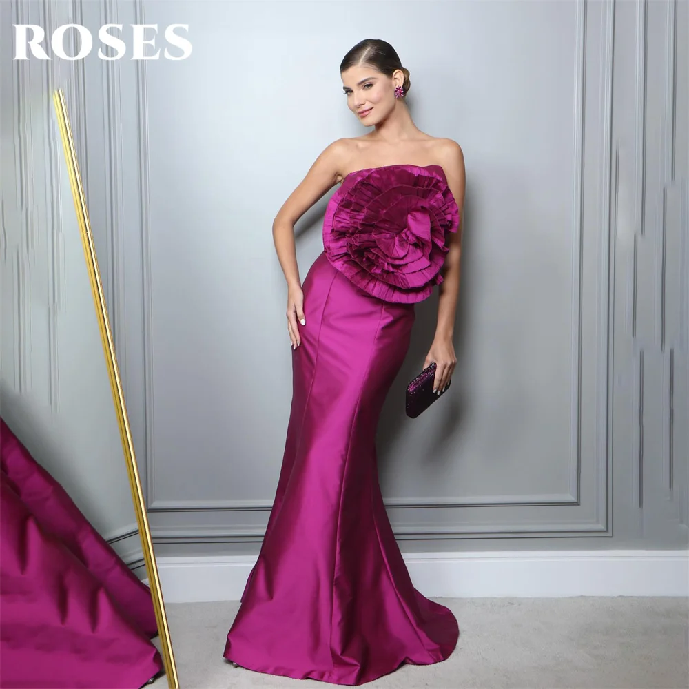 ROSES-Strapless Plum Stain Prom Vestidos para Mulheres, Flores 3D, Vestidos de Festa, Sweep Train, Vestido, Mangas Sereia Robe