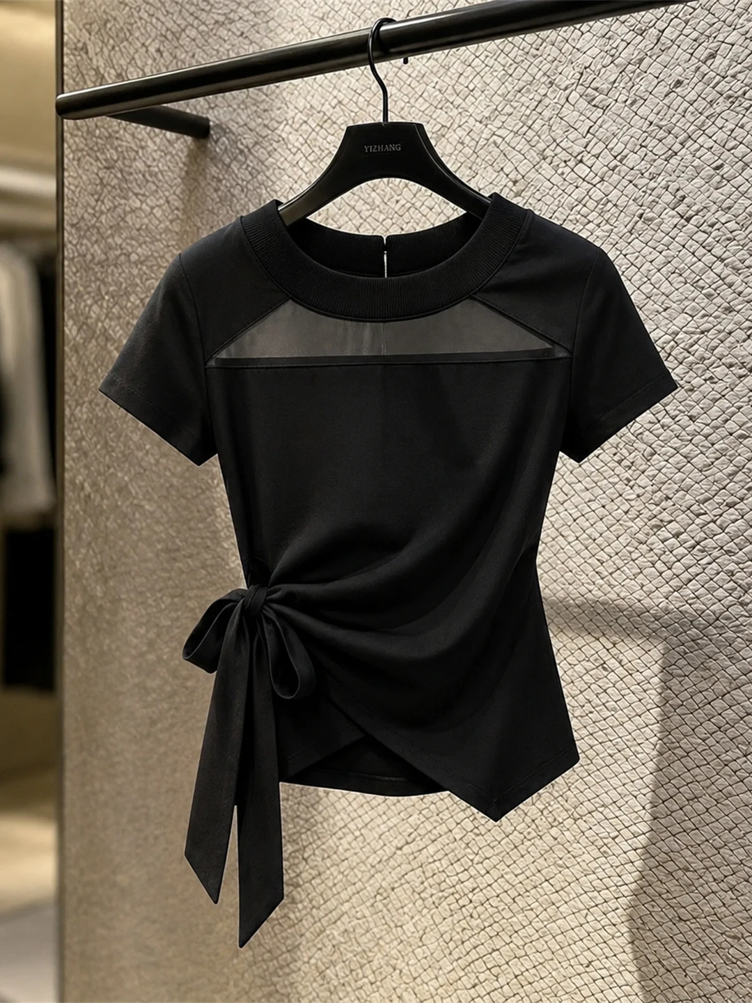 

Summer Commute round Neck Short Sleeve T-Shirt Women's Waist-Cinching Mesh Paneling Elegant Top Korean Style Slim Fit Silk