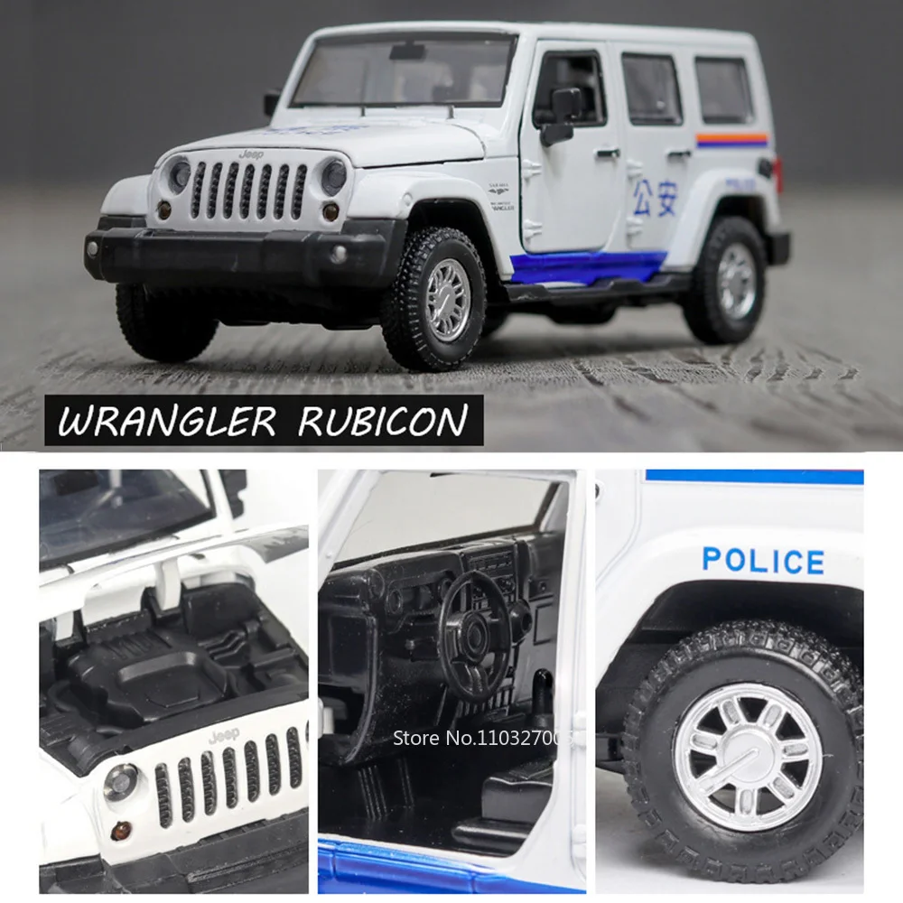 1:32 rubicon wrangler carros de polícia modelo brinquedo liga diecast portas abertas som luz puxar para trás metal corpo brinquedos modelos colecionáveis