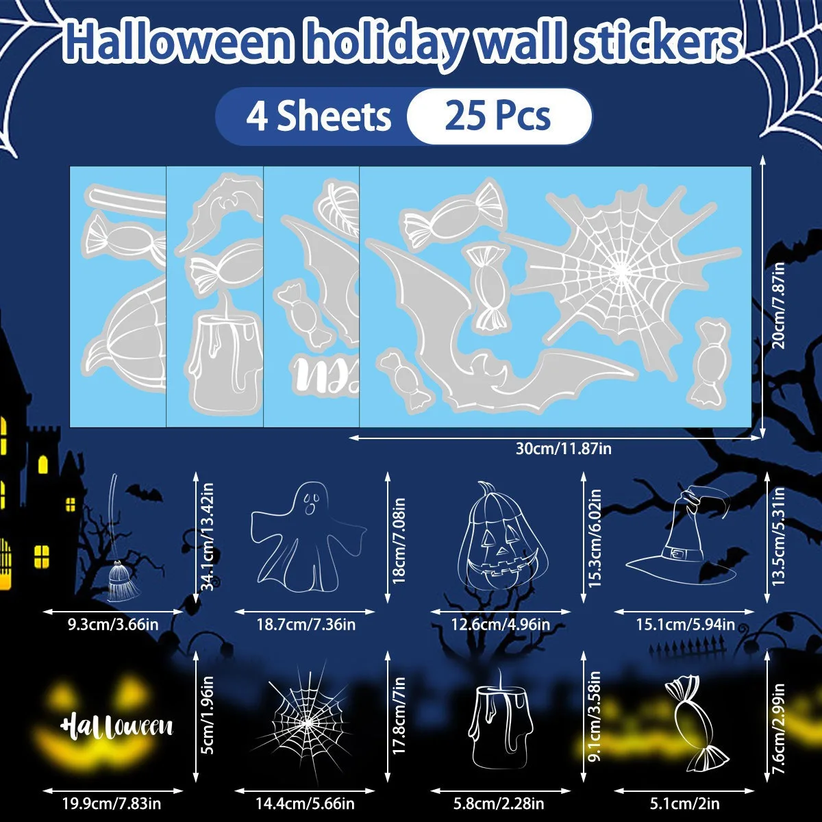 White Line Ghost Bat Spider Web Static Stickers Halloween Window Decorations for Home Party Glass Decals