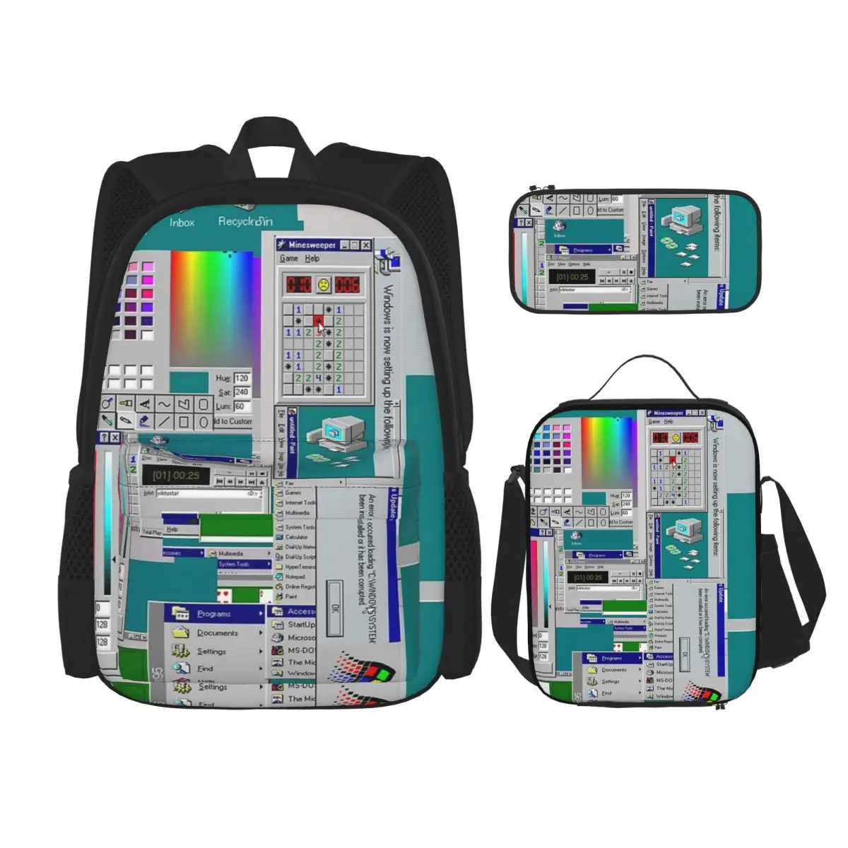 

Windows 95 Collage Backpacks Boys Girls Bookbag Students School Bags Cartoon Kids Rucksack Lunch Bag Pen Bag Three-Piece Set