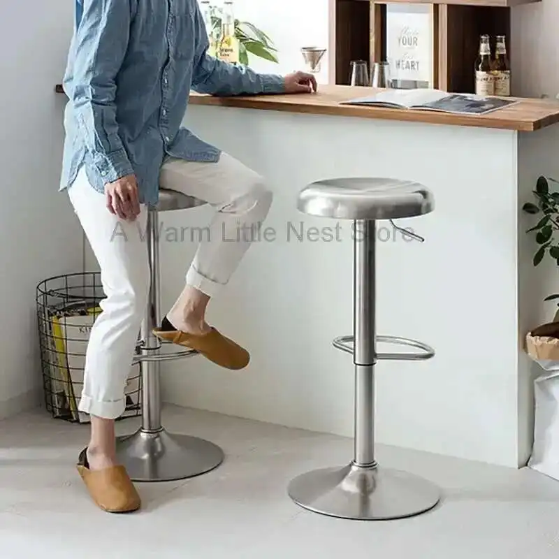 

Creative Stainless Steel Bar Chairs Swivel Adjustable Height Minimalist Lounge Bar Stools Relax Round Taburetes De Bar Furniture