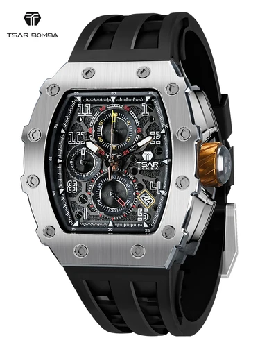 Imagen 1 del producto TSAR BOMBA Reloj para hombre marca de lujo diseño Tonneau reloj resistente al agua reloj de pulsera de acero inoxidable reloj rectangular de moda para hombre