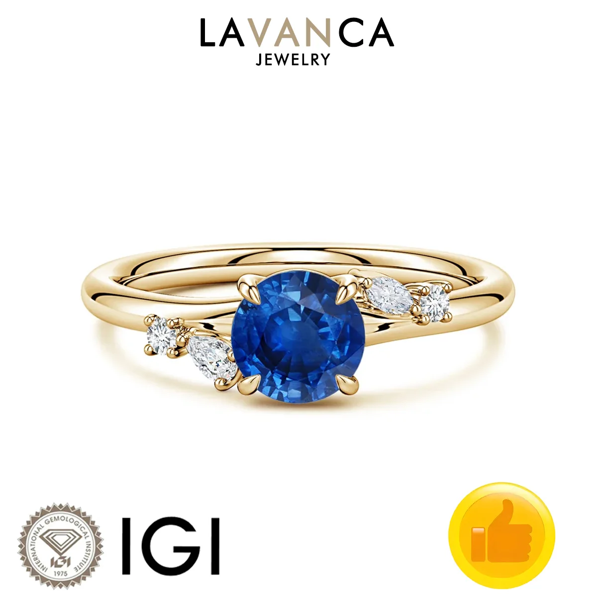 

9K/14K/18K Yellow Gold Sapphire Diamond Ring Center Stone Round Lab Grown Sapphire With Round Marquise Pear Lab Diamond Ring