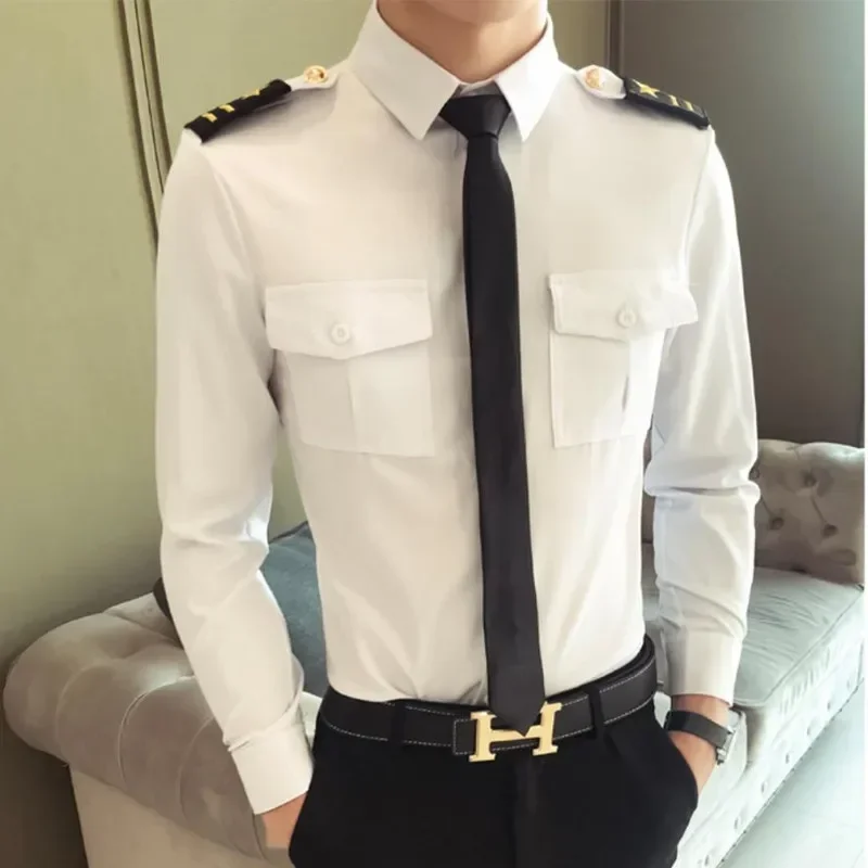 

Captain Navy Costume Air Force White Shirt Male Nightclub Aviation Airline Pilot Flight Attendant Uniform For Officer Shirts