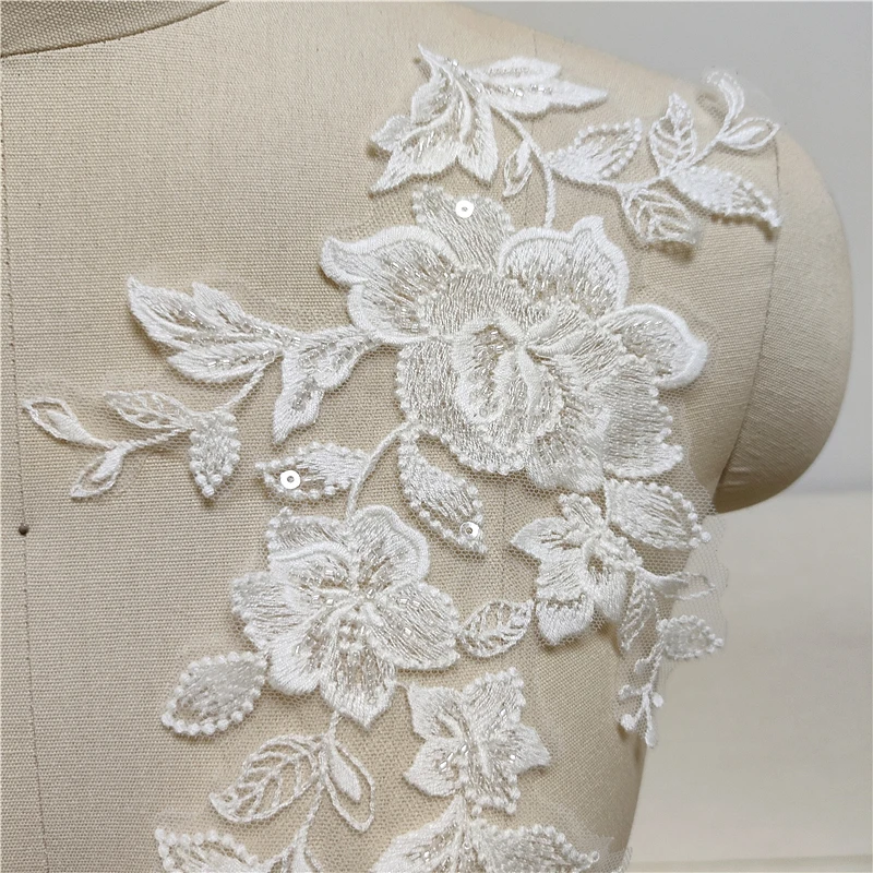 2PCS Off White Lace Fabric 3D Flower Tassel Beads Rhinestone Embroidered Wedding Gown Appliques Sew Patch For Dress DIY Decor