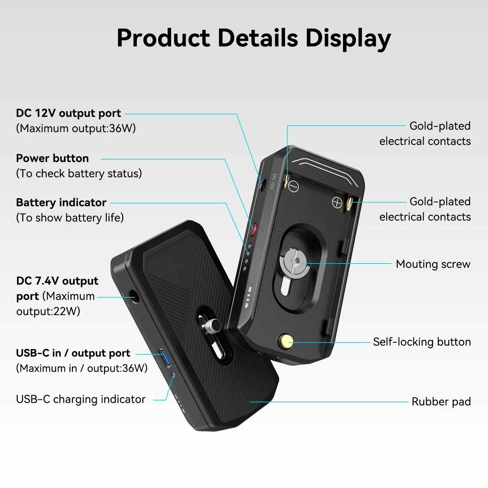 SmallRig NP-F Battery Advanced Adapter Mount Plate DC 7.4V 12V Dual Output USB-C Interface Bi-directional Input Output 36W 3168B