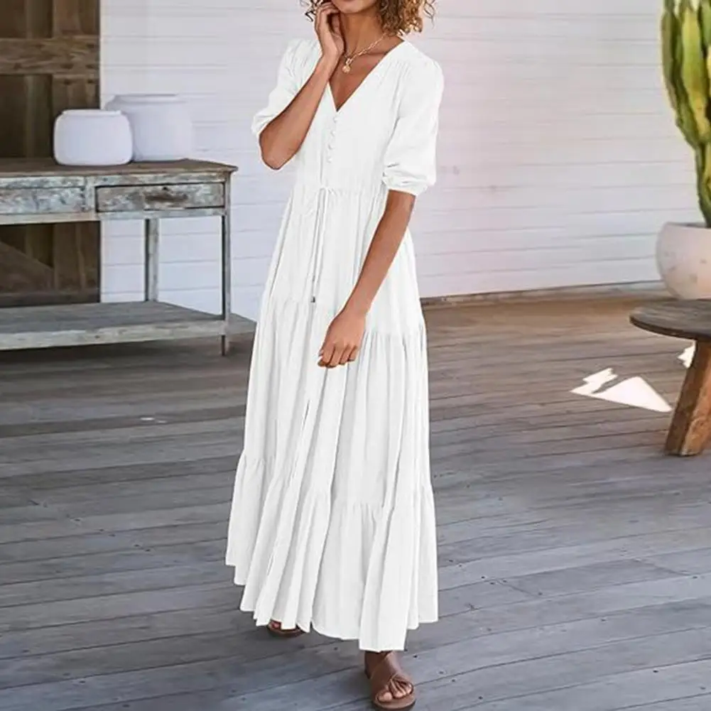 

Pleated Dress Elegant A-line Maxi Dress with Pleated Detailing V Neckline Drawstring Waist for Summer Vacation or Beach Getaways