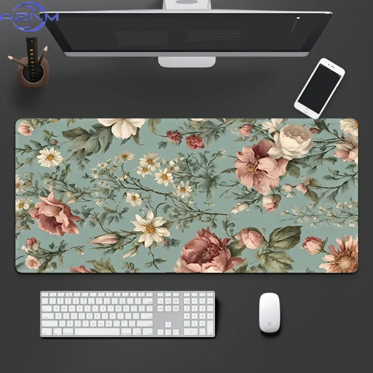 Vintage Rose Floral Large Desk Mouse Pad, Mint Green Background Daisy Flower Retro Print Waterproof Non-Slip Cute Aesthetic