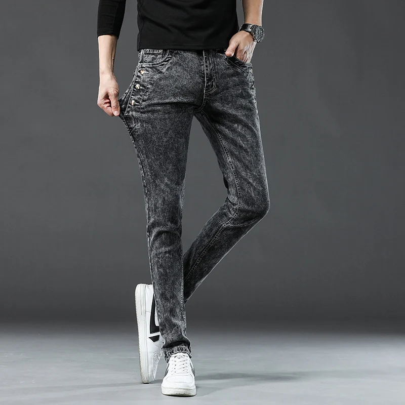 Classic Slim Vintage Fashion Men's Designer Jeans Snowflake Grey Wash Korean Fashion Stretch Pants Multi-button Denim Trousers