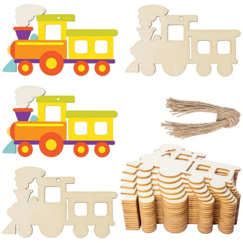 Tren de madera sin terminar, adornos en forma de tren, rebanadas de madera en blanco para manualidades DIY, decoración para fiestas navideñas, 50 piezas