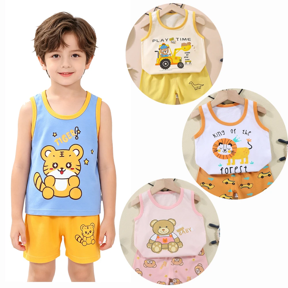 Baby 100% Cotton Sleeveless Pajamas 2Pcs Cartoon Tiger Dinosaur Print Soft Comfortable Kids Summer Casual Home Loungewear Suit
