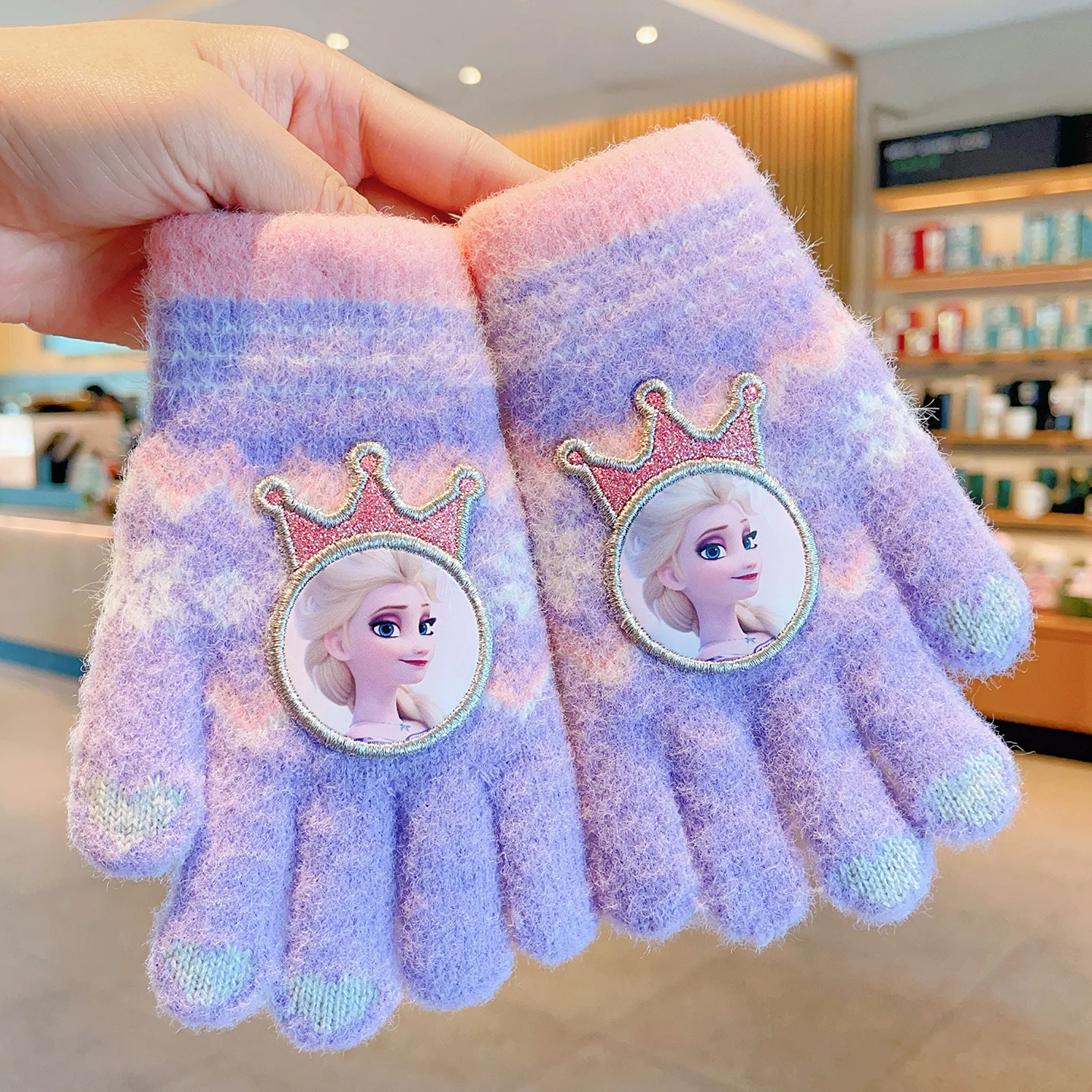 قفازات الأصابع الجليدية والثلج الأميرة إلسا فتاة محبوكة الكرتون الشتاء الدافئة خمسة أصابع قفازات شاشة اللمس للأطفال #3