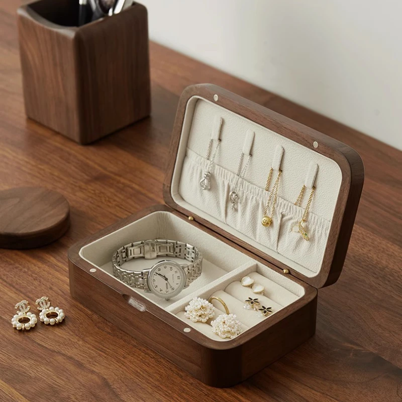 صندوق تخزين المجوهرات الخشبية المحمولة القلائد القرط الحاويات المرأة خواتم سوار صندوق تخزين السفر حلية #5