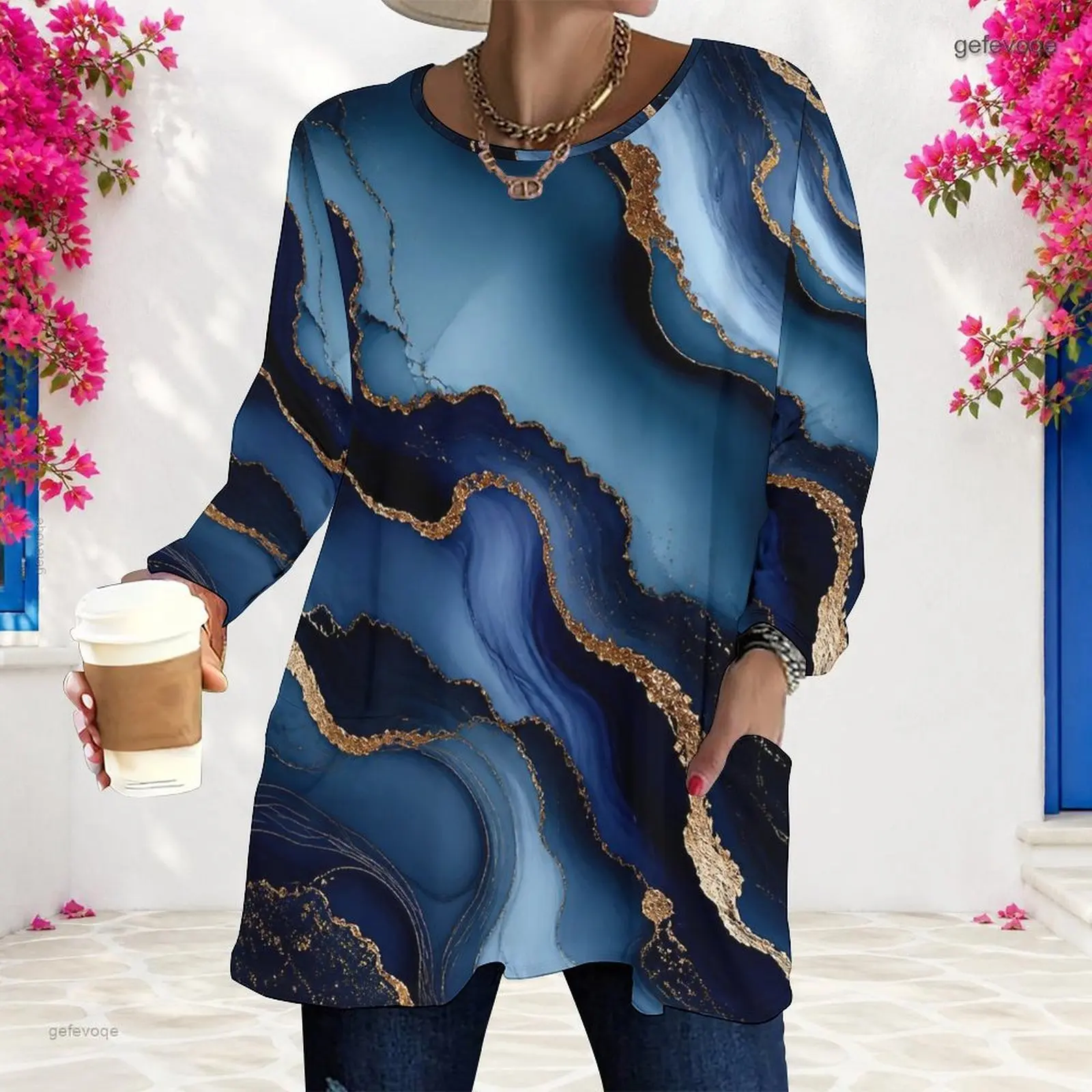 Women Teal Dark Blue Marble Gold Wavy Print Round Neck Long Sleeve Loose Longline Top with Pockets