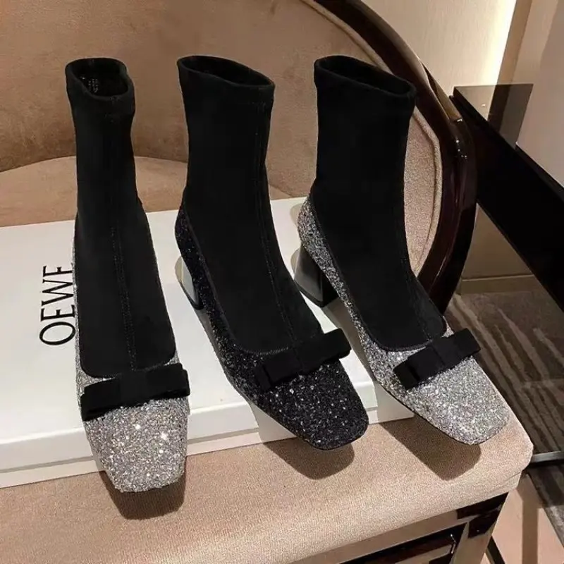 

Bow Bling Chelsea Boots Sexy Women High Heels Shoes Winter 2024 Designer New Square Toe Chunky Ankle Boots Pumps Fad Sock Casual