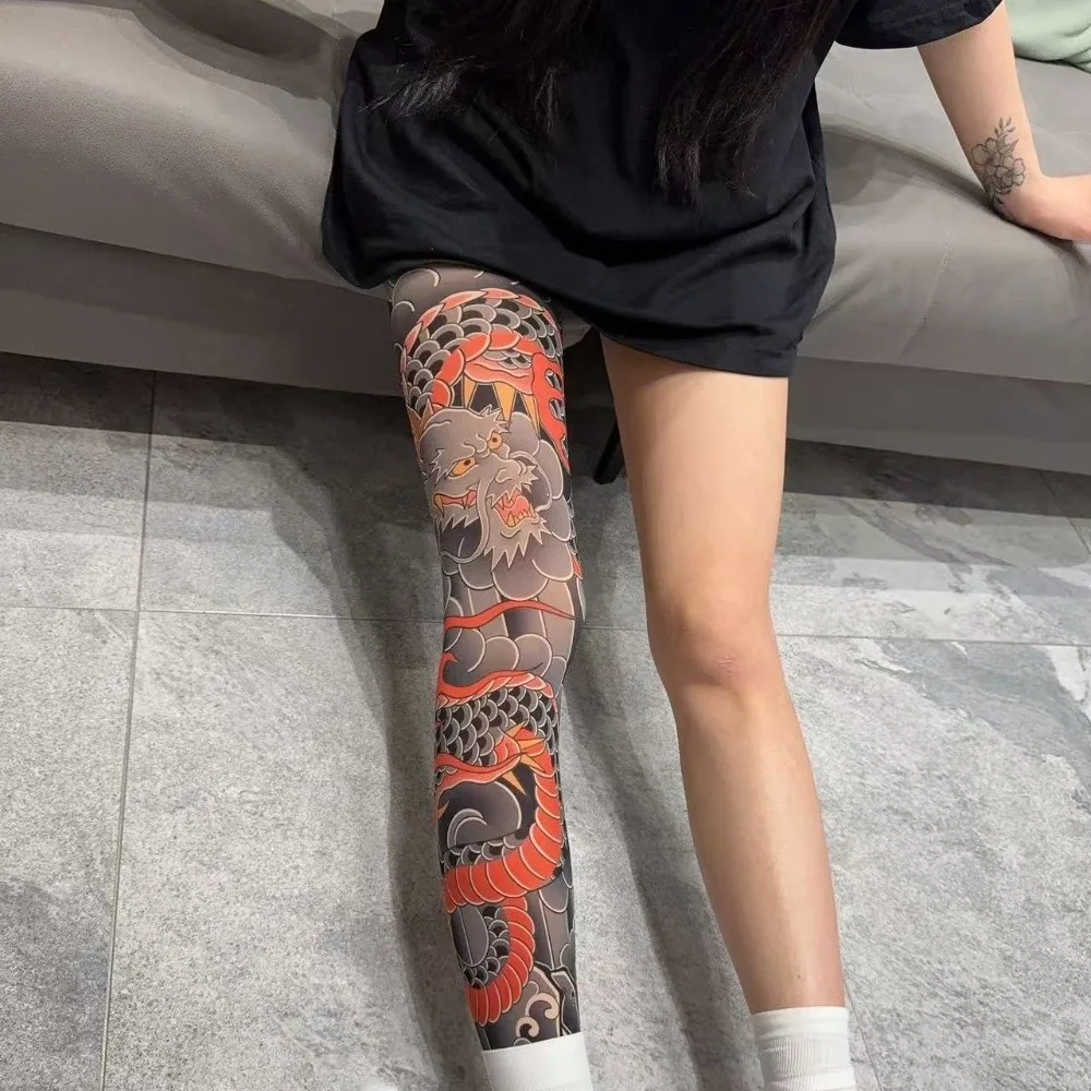 1pc Snake Japanese Style Tattoo Socks Elastic Breathable Men Sun-proof Socks UV Protection Seamless Full Leg Socking Unisex