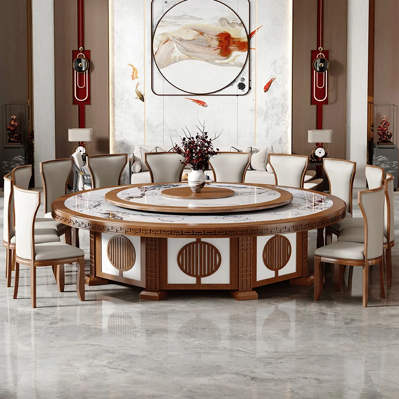 Hotel new Chinese-style solid wood dining table electric rock slab large round table with hidden induction cooker marble hot pot