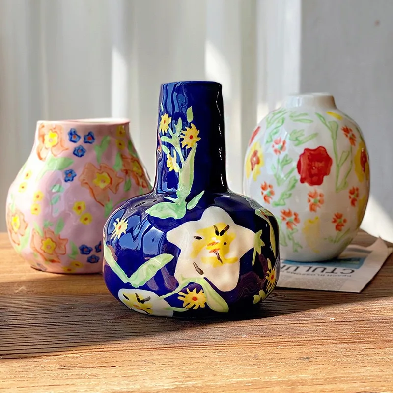 

French Hand Painted Ceramic Mug Luxury Home Decor Floral Vase Retro Flower Arrangement