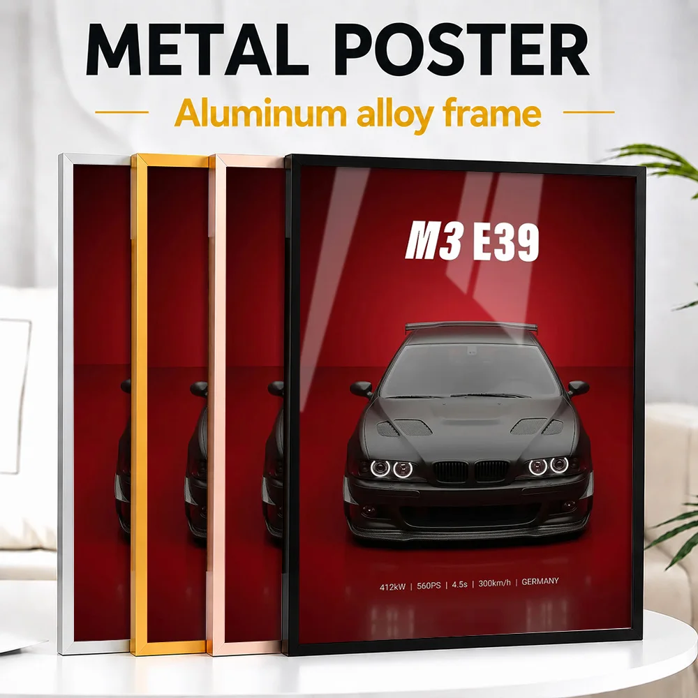 German Sedan Red Background Metal Poster With Aluminum Alloy Frame Customized Studio Graphic Wall Art For Car Enthusiast Lounge