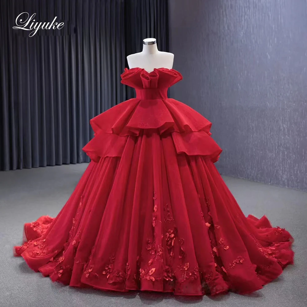 

Liyuke Red Off Shoulder Sweet Tiered Ruffled Ball Gown Wedding Dresses Beading Appliques With 3D Flowers Wedding Gowns