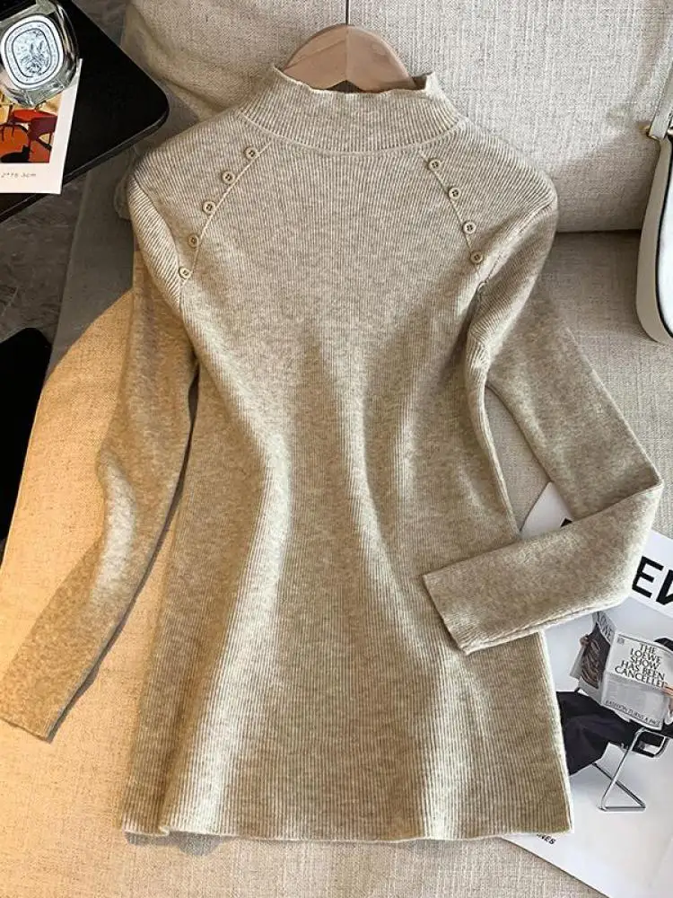 

Корейский женский однотонный праздничный свитер с высоким воротником и длинными рукавами, осенне-зимний универсальный пуловер на пуговицах, короткие вязаные топы, популярные
