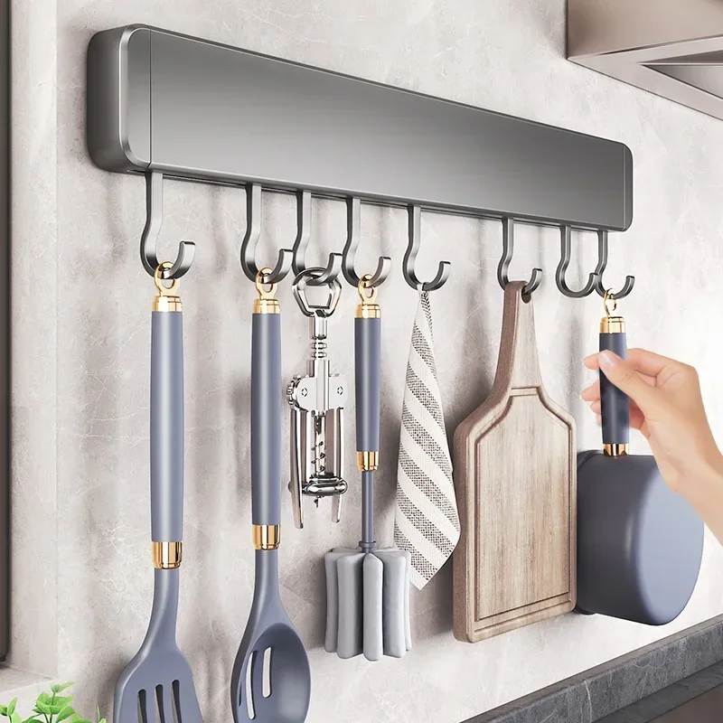 Multi-Hook Kitchen Utensil Rack Organizer Spoon Holder Free Punch Removable Hook Wall Kitchen Utensil Accessories