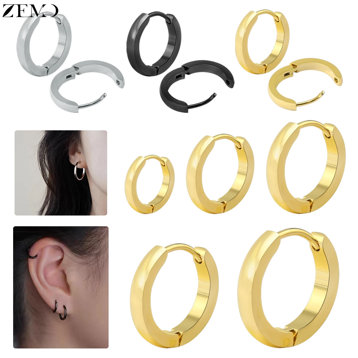 ZEMO 1 Pair 16G Stainless Steel Hoop Earrings For Men Women Basic Round Earring 7/9/12/14/16MM Helix Tragus Cartilage Piercing