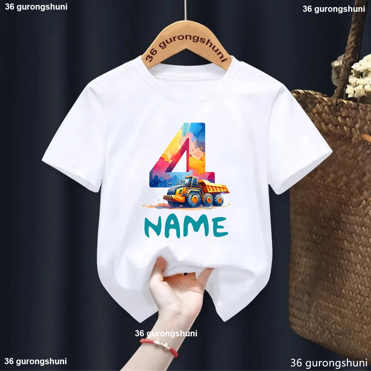 Camiseta de construcción personalizada para niños, camisa con nombre personalizado, vehículo, regalo de fiesta de cumpleaños, 1-9