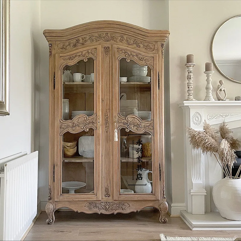 

Solid wood cabinet restaurant double door glass French retro old wine cabinet