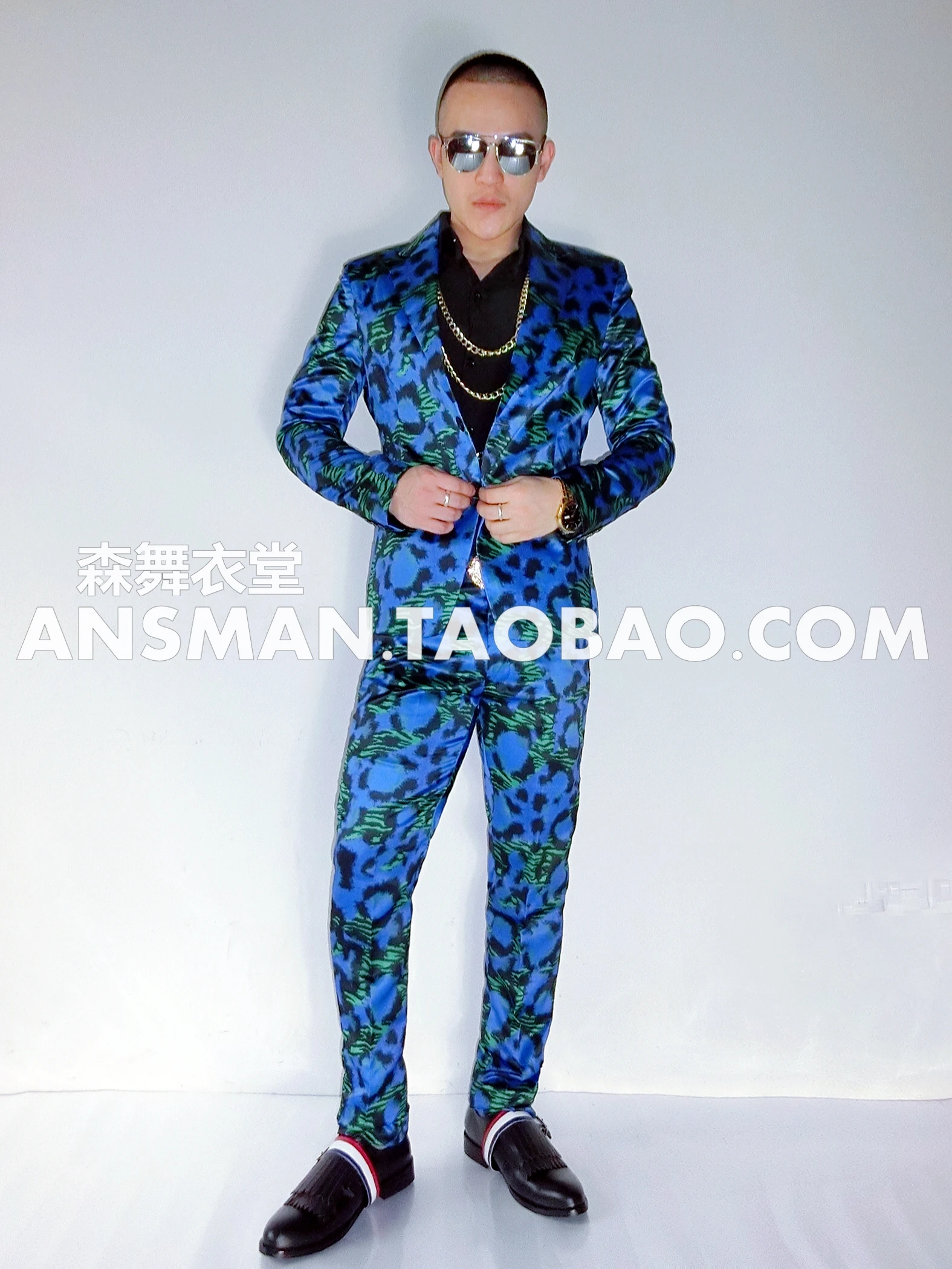 British Style New Nightclub Bar DJ Blue-Green Leopard Print Fashion Suit Men's Spring And Autumn Casual Performance Clothing