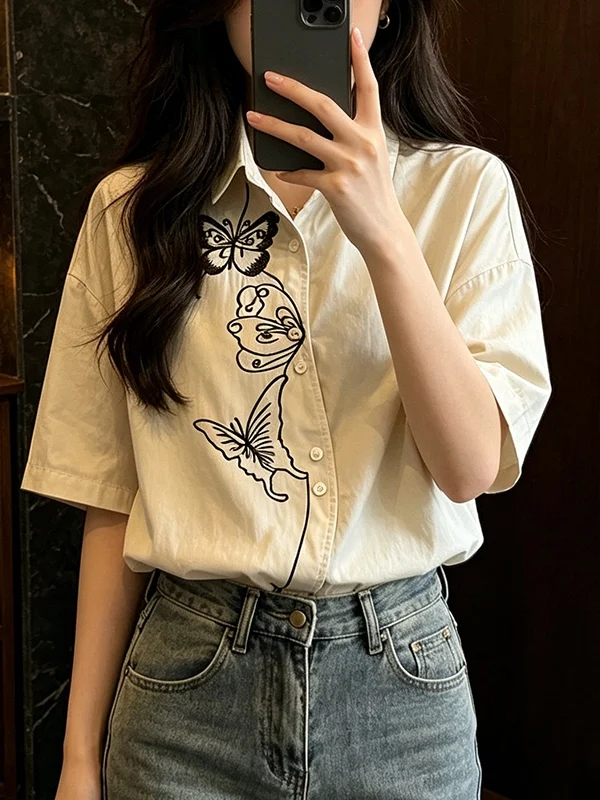 

Summer New plus Size Women's Loose Embroidered Color Block Short Sleeve Shirt Korean Style Commute Fashion Top