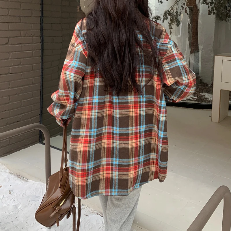 Plaid Shirts Women Casual All-match Contrast Color American Retro Streetwear Long Sleeve Hotsweet Aesthetic Popular Summer Daily