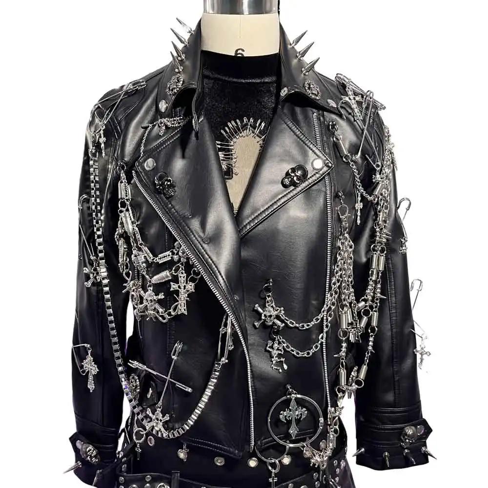 Women Black PU Leather Gothic Biker Punk Rock Jacket Y2K Spiked