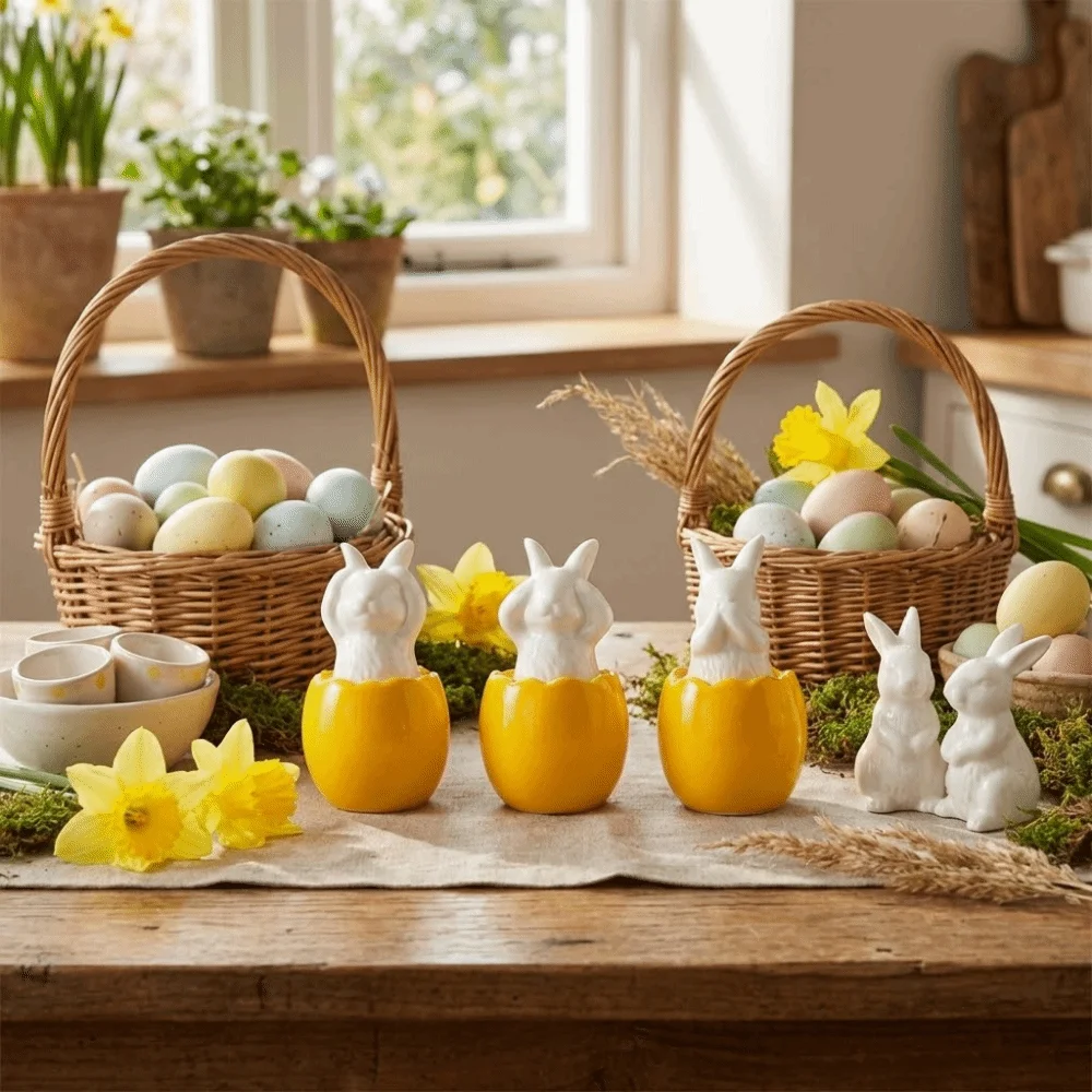 1/3Pcs Cartoon Easter Egg Shell Rabbit Hand Painting Solid Ceramic Ceramic Rabbit Statue Miniature DIY Easter Bunny Decorations