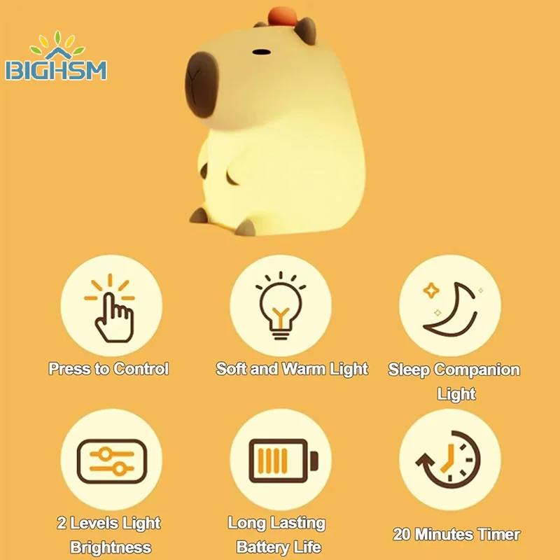 ซิลิโคน Capybara LED Night Light ตารางโคมไฟสัตว์ Touch Sensor Sleep ไฟเด็กข้างเตียงตกแต่งห้องนอนของขวัญวันเกิด