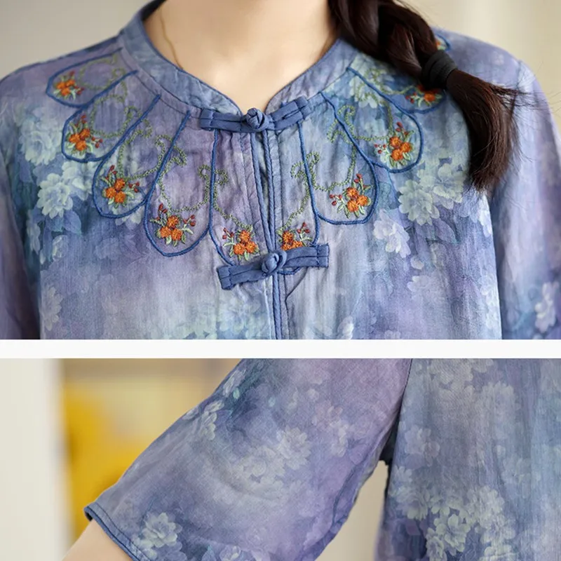 Chinese Style Vintage Print Casual Shirt Women New 2024 Half High Collar Embroidery Loose Female Half Sleeve Tops Shirts B3821