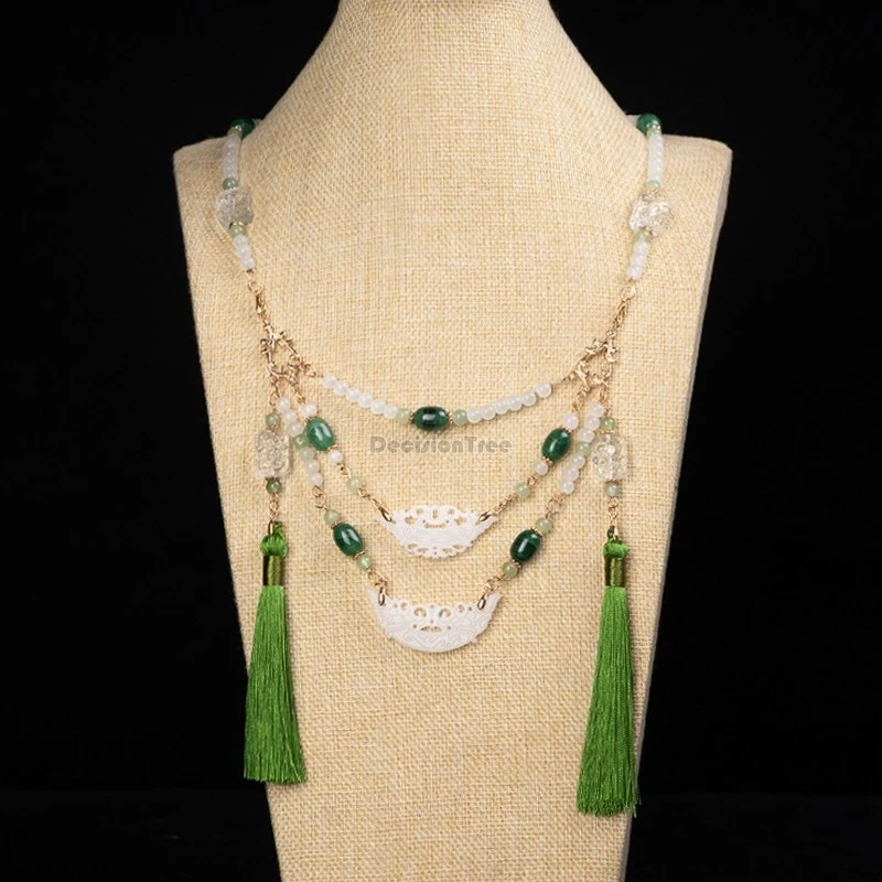 2026 new green hanfu accessories retro multi-layer necklace female yingluo wei jin style chinese style ancient tassel necklace